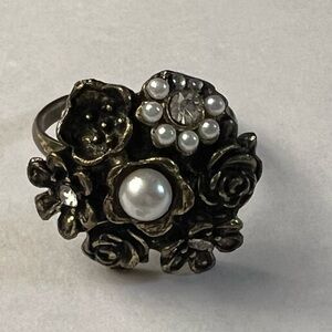 Art Deco Rose Floral Ring Pearl Rhinestones